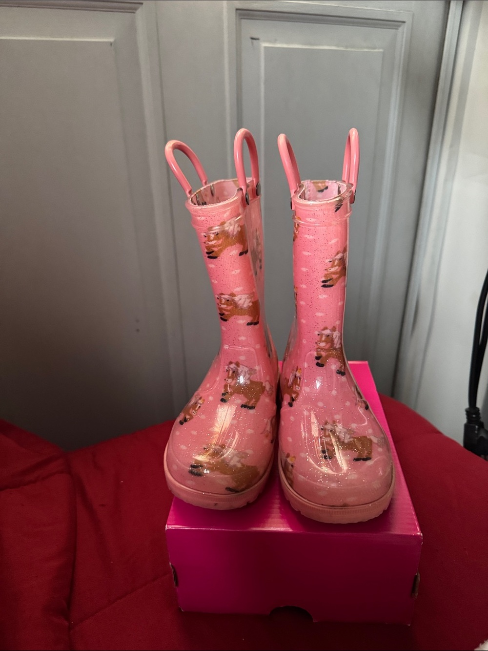 Girls' Pink Glitter Animal Print Rain Boots with Easy Pull Handles